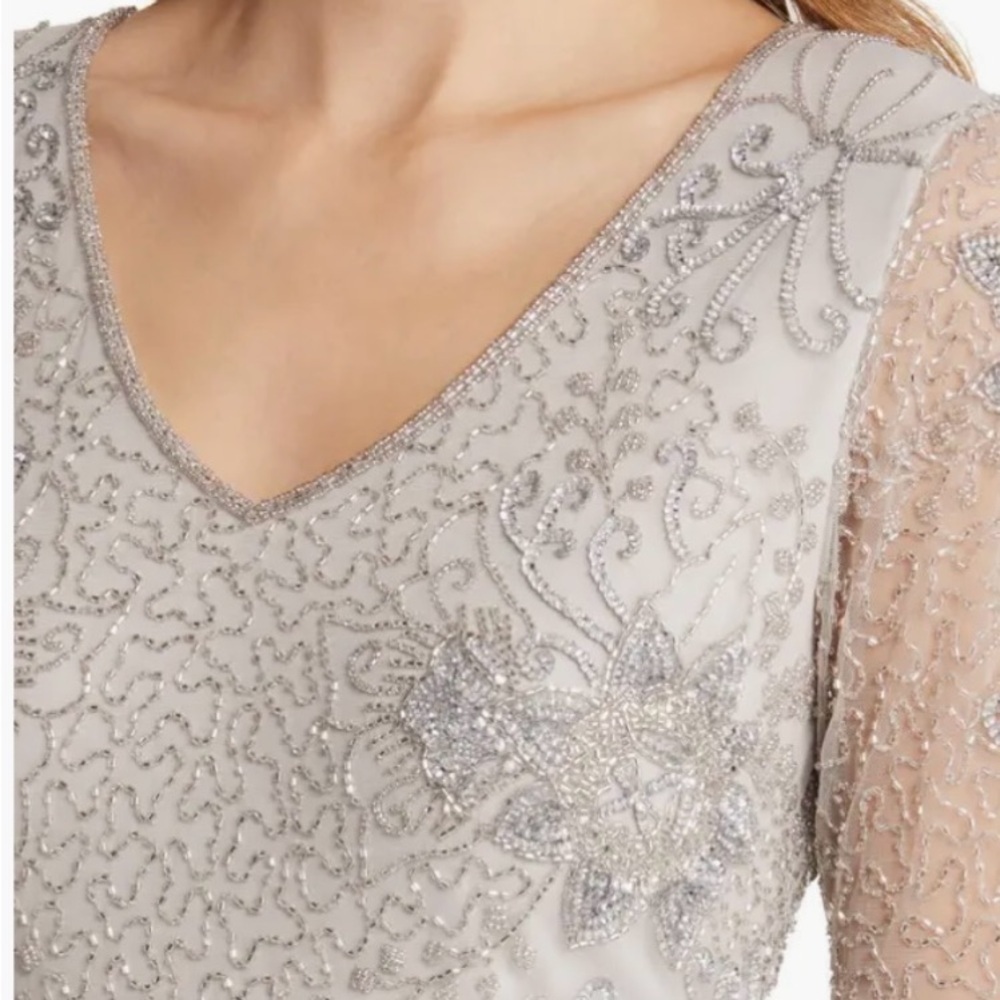 Pisarro Nights Womens Beaded Rhinestone Cocktail Formal Midi Silver NEW 8